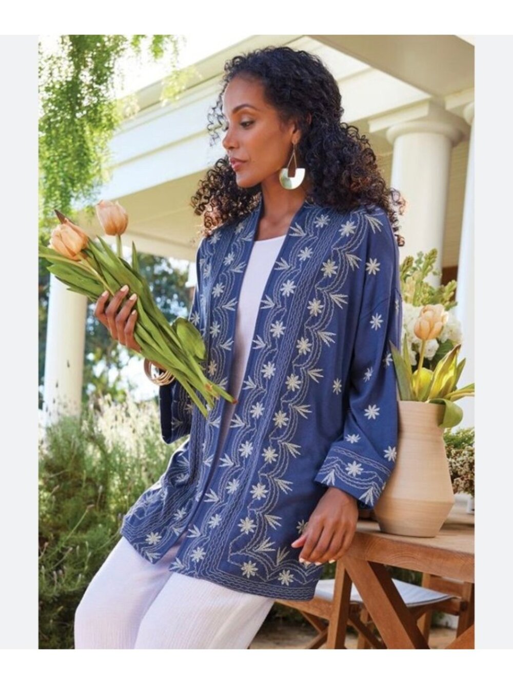 SOFT SURROUNDING BLUE EMBROIDERED KIMONO CARDIGAN COTTON LINEN S/M